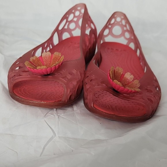 Crocs Adrina Jelly Ballet Flats pink floral Youth 2 Peep Toe Cut Out - Picture 5 of 7